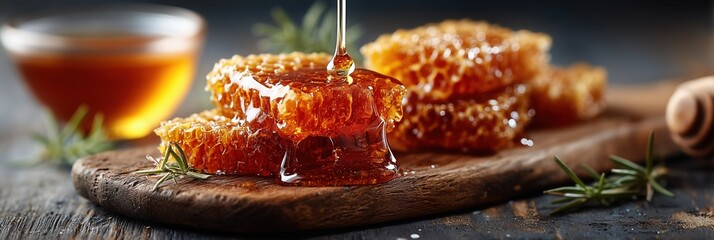 Honey dripping on natural honeycomb with rosemary on wooden board