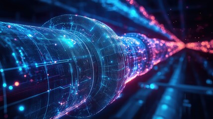 A futuristic digital representation of a water pipeline using AI, ML, and IoT for smart leak detection and modern technology integration.  