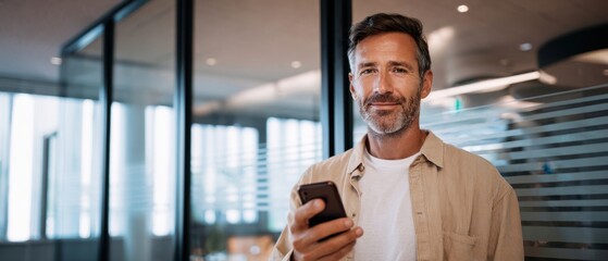 The professional man smiling confidently while using a smartphone in a modern office.