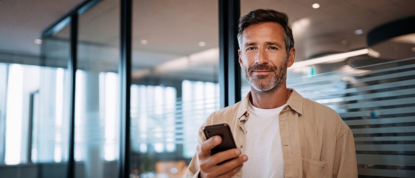 The professional man smiling confidently while using a smartphone in a modern office.