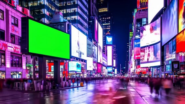 Times Square at Night with Green Screen Billboard