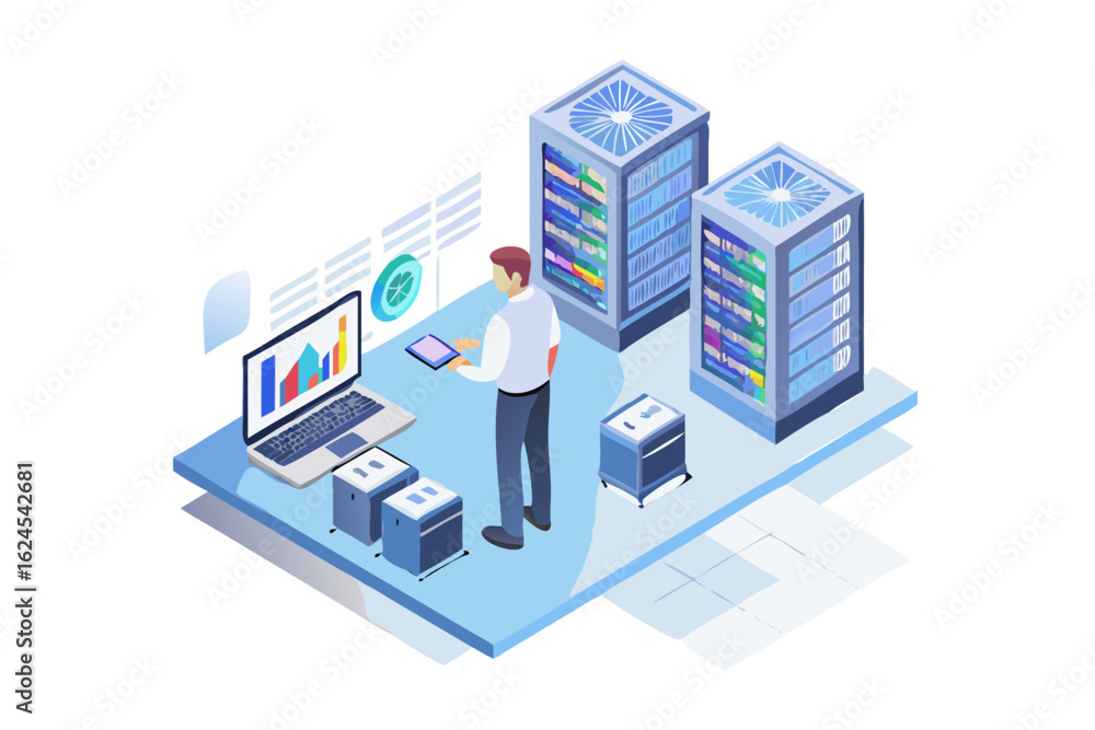 Poster man analyzing data in a modern server room with technology
