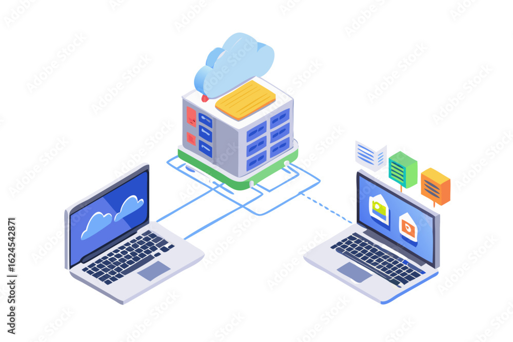 Poster cloud server connected to laptops for data transfer and storage