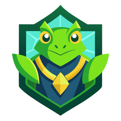 Cartoon Frog Warrior in Jungle Badge with Armor and Green-Gold Tones