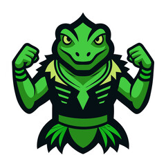 Tribal Amphibian Mascot with Fists Raised in Glowing Vector Symmetry