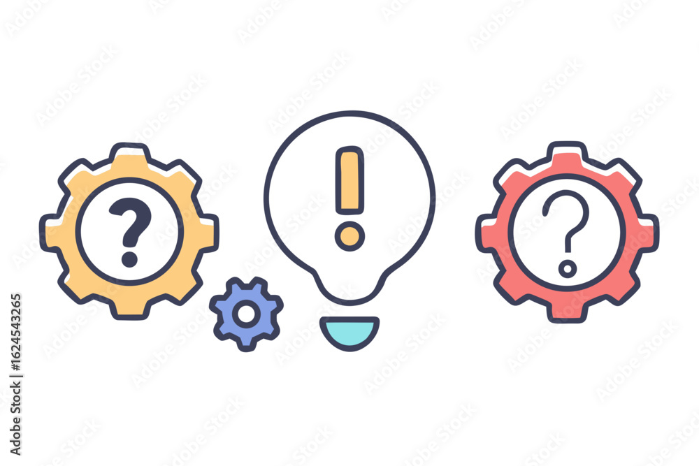 Poster gears and lightbulb with question and exclamation marks