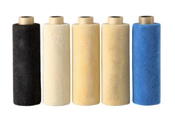 Five colorful water filter cartridges displayed in a row