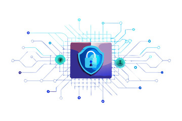 Fototapeta premium Digital security shield with open padlock on circuit board