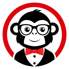 Cartoon Monkey with Glasses and Bowtie in Minimal Red-Black Circular Badge