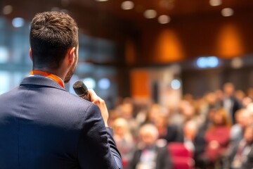 A man in a suit speaks into a microphone, addressing a blurred audience at a conference or business event