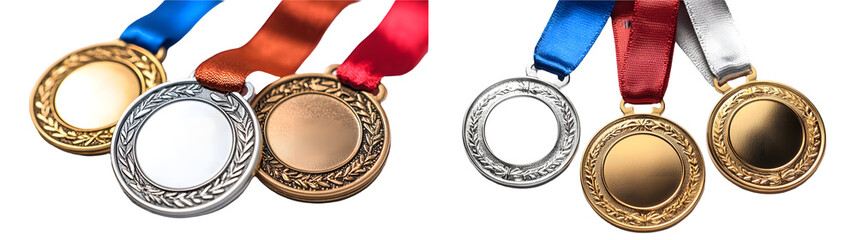 Three blank sport medals in gold silver and bronze with ribbons Ideal for awards achievements and competitions isolated on a transparent