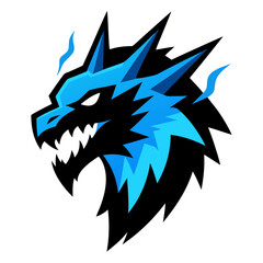 Roaring Ice Dragon Head with Blue Flames and Jagged Detail on Black Field