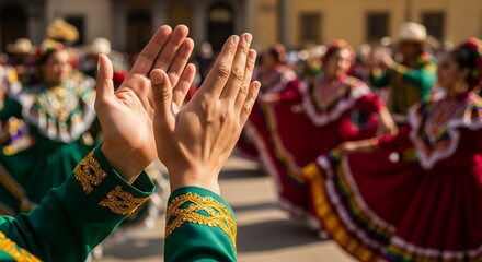 Fototapeta premium Hands clapping during a traditional folk dance performance with colorful dresses, concept for cultural event promotion, festive celebration and community gathering.