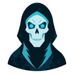 Skull-Faced Avatar with Icy Eyes, Hood, and Glowing Digital Shading