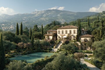 Luxury villa with manicured gardens and tennis court nestled in lush greenery. Showcase wealth, aspirational living, or serene outdoor lifestyle concepts.