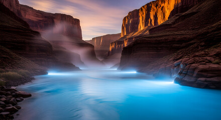Fototapeta premium Ethereal Turquoise River with Glowing Mist in Majestic Canyon Gorge at Golden Hour