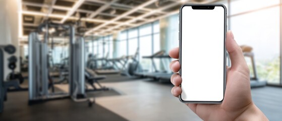 The smartphone held in hand with a blank screen in a modern gym setting.