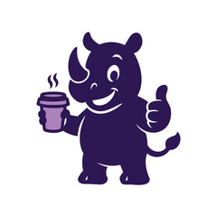 Rhino Silhouette Mascot vector Logo, Happy Cartoon Rhinoceros holding a coffee cup and giving a thumbs up.