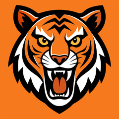 Roaring Tiger Head with Bold Lines and Orange-Black Palette on Burnt Orange
