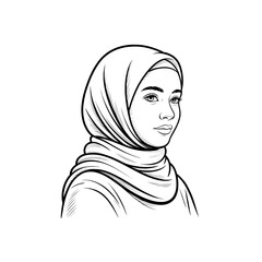 Detailed Black and White Line Art of a Woman in a Hijab.