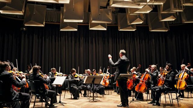 Wide-angle shot of an orchestra performing on stage, captured from the audience's perspective, creating an immersive concert video experience.
