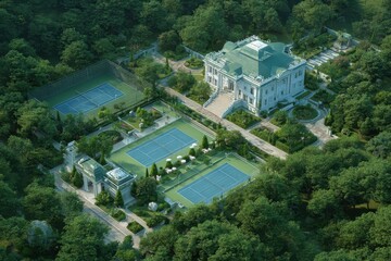 Aerial view of a luxury estate with tennis courts and lush gardens. Illustrates wealth, high-end real estate, and leisure activities.
