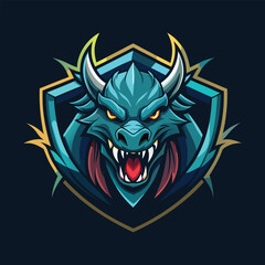 Fierce blue dragon head with sharp teeth and glowing eyes, detailed scales and horns, menacing expression, emblem for gaming or fantasy, dark background