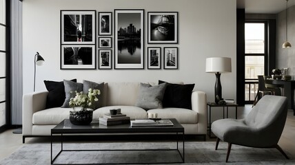 Fototapeta premium Elegant and modern living room interior with a sophisticated monochromatic design and a gallery wall
