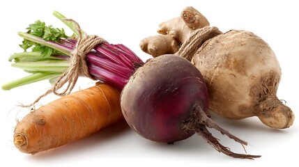 A rustic, realistic assortment of root vegetables. A small orange carrot with green tops, a purple beet, and a brown ginger root.