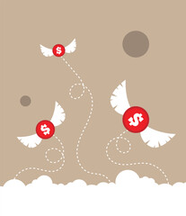 Dollar Coins with Wings Flying in the Sky Colorful Background. Doing business and earning income vector art