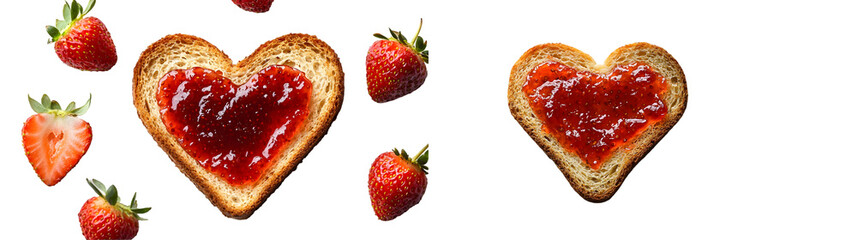 toasted slice of bread with heart shaped of strawberry jam isolated on a transparent background