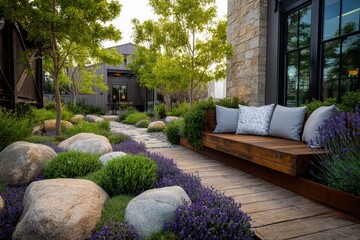 A stylish backyard features a stone path, garden, and wooden bench with pillows. Use it to showcase landscaping ideas, home design, and outdoor living.