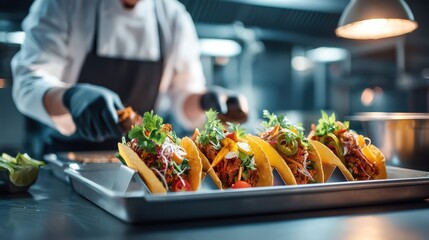 A chef prepares fresh tacos filled with vibrant ingredients, garnished with herbs and vegetables, in a modern kitchen setting