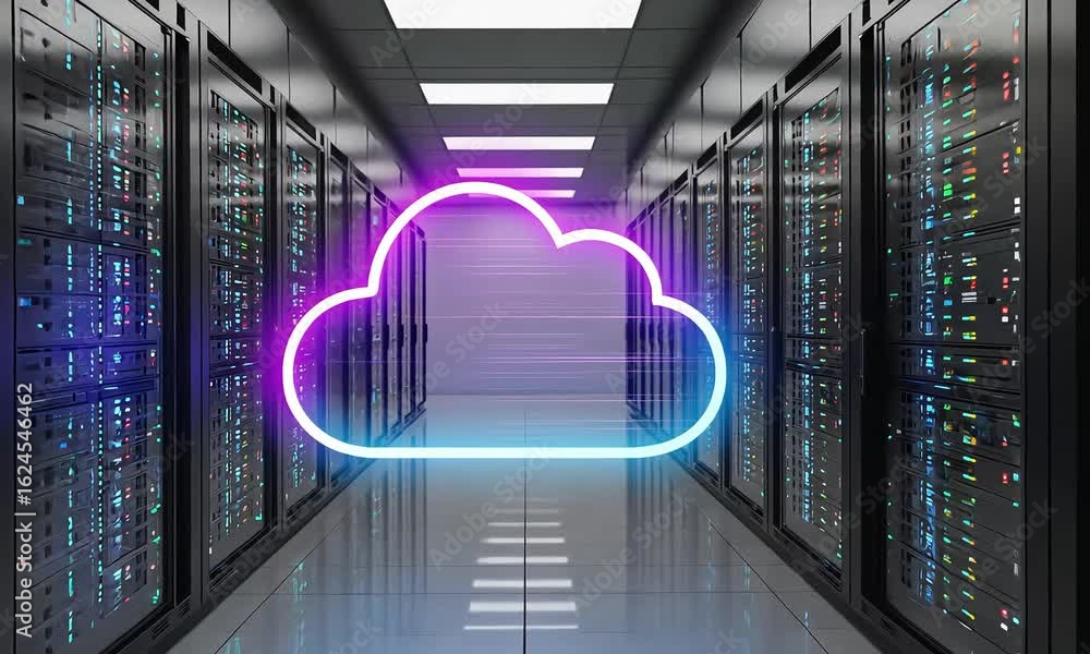 Poster illuminated cloud symbol in server room with rows of computer racks and bright overhead lighting