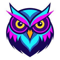 Neon Owl Face with Symmetrical Feathers and High-Contrast Glowing Tips