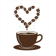 Obraz premium A dark brown coffee cup with a heart shape made of coffee beans above it silhouette