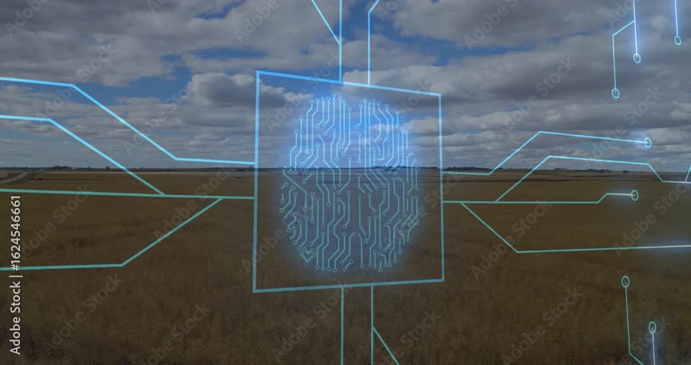 Poster neon-blue square appearing then growing circuit branches then collapsing above wheat field for demo