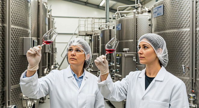 Wine Quality Control: Two Women Analyzing Red Wine in Winery
