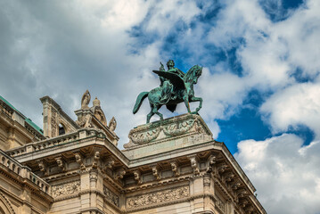 Equestrian statue on Vienna State Opera facade
