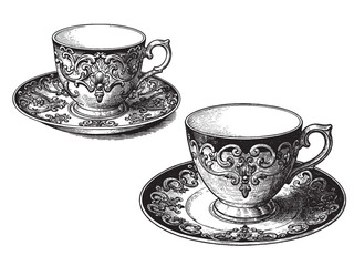 Elegant teacup and saucer engraving for tea packaging vintage kitchen decor and classic design branding