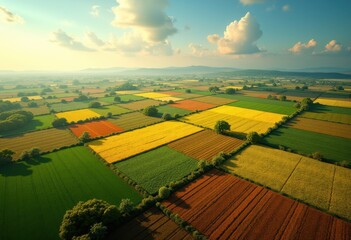 Fototapeta premium vibrant aerial view colorful agricultural fields landscape patchwork nature harmony farmland, crop, farming, vegetation, soil, environment, biodiversity
