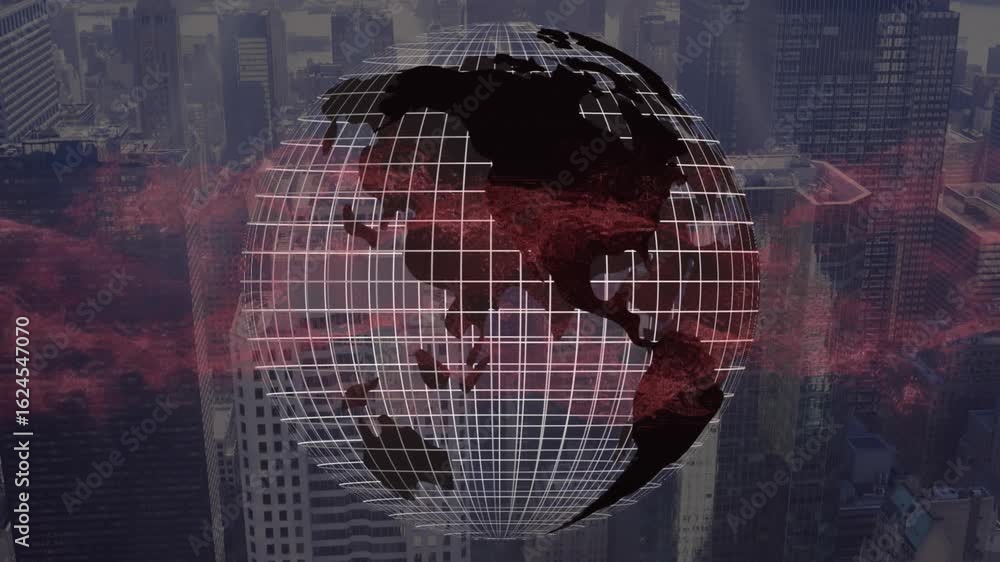 Poster at start rotating wireframe globe clockwise while red mist swirling illustrating global data flow
