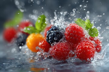 Close-up shot of fresh raspberries, blackberries and kumquat with water splash. Perfect for illustrating healthy eating, refreshing drinks, or summer fruits.