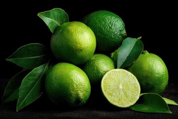 A vibrant stack of limes and leaves on a dark surface. Good for promoting healthy eating and tropical recipes.