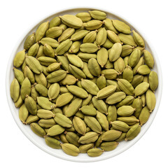 Green cardamom pods in white bowl - aromatic spice image