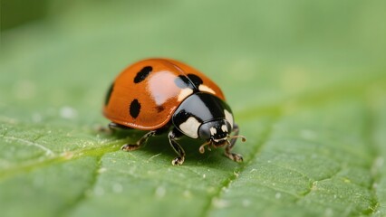 A ladybug with orange and black spots resting on a green leaf