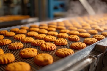 Rows of fresh, steaming cookies cool on a metal conveyor belt. Perfect for illustrating mass production or the baking industry concept.