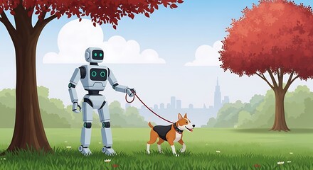 Robotic dog walker in a park setting.
