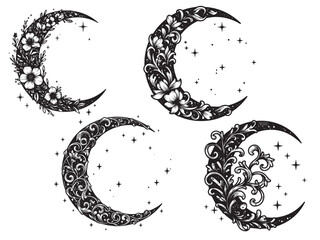 Engraved moon with stars and vines for mystical branding celestial art and tarot illustrations