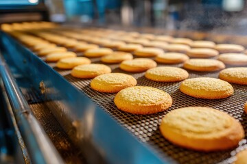 Golden cookies sit on a metal conveyor belt exiting an industrial oven. This image is perfect for baking, factories, or food production projects.